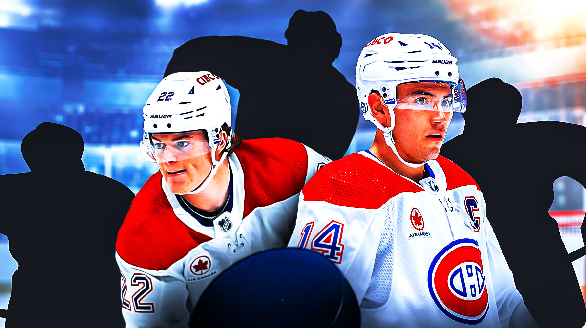 Nick Suzuki and Cole Caufield in Montreal Canadiens jerseys with three silhouettes.