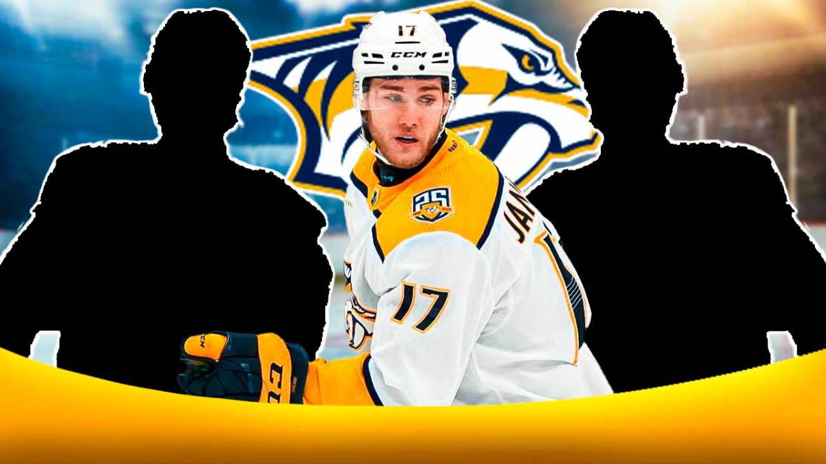 Mark Jankowski in middle, one silhouetted Nashville Predators player on either side, Nashville Predators logo, hockey rink in background