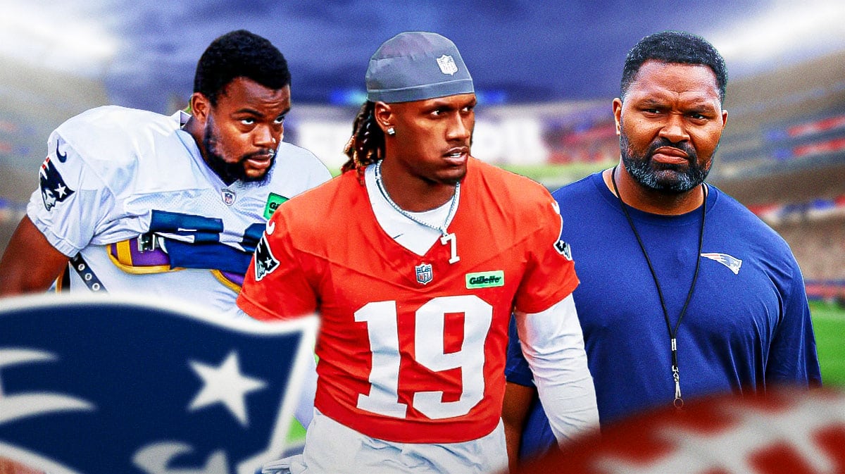 Patriots Joe Milton and Kayshon Boutte next to Jerod Mayo during NFL preseason