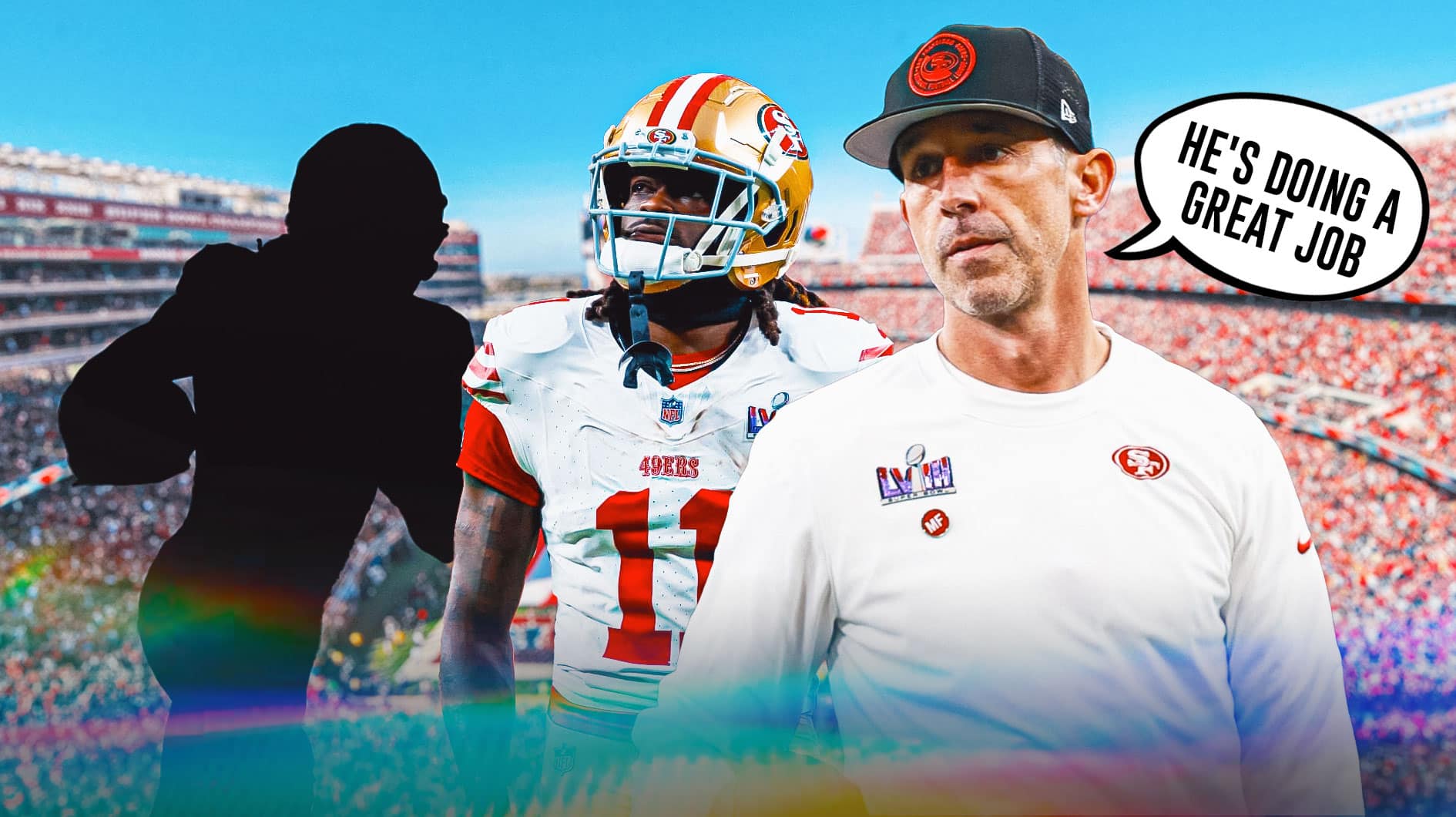 Kyle Shanahan with a text bubble reading "He's doing a great job" next to Brandon Aiyuk, the blacked-out silhouette of Chris Conley.