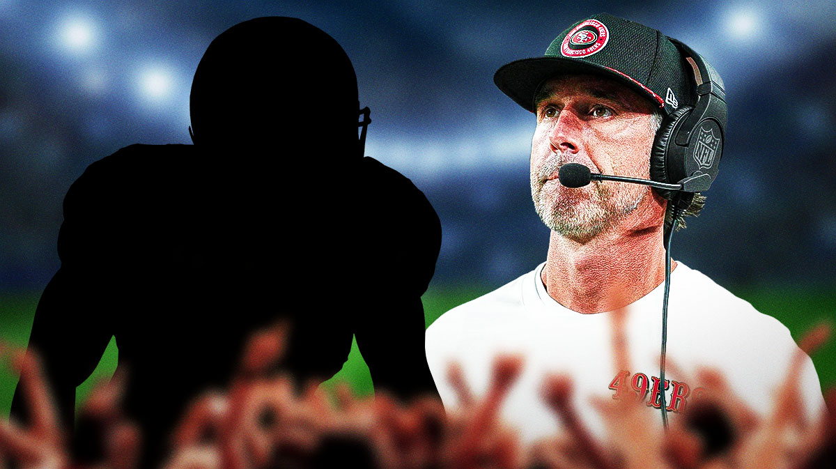 49ers' Kyle Shanahan next to a silhouette of a defensive player