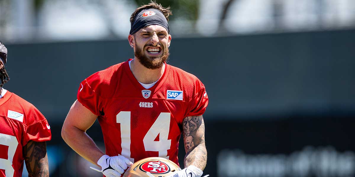 San Francisco 49ers wide receiver Ricky Pearsall (14) smiles during the 49ers rookie minicamp at Levi’s Stadium in Santa Clara, CA.