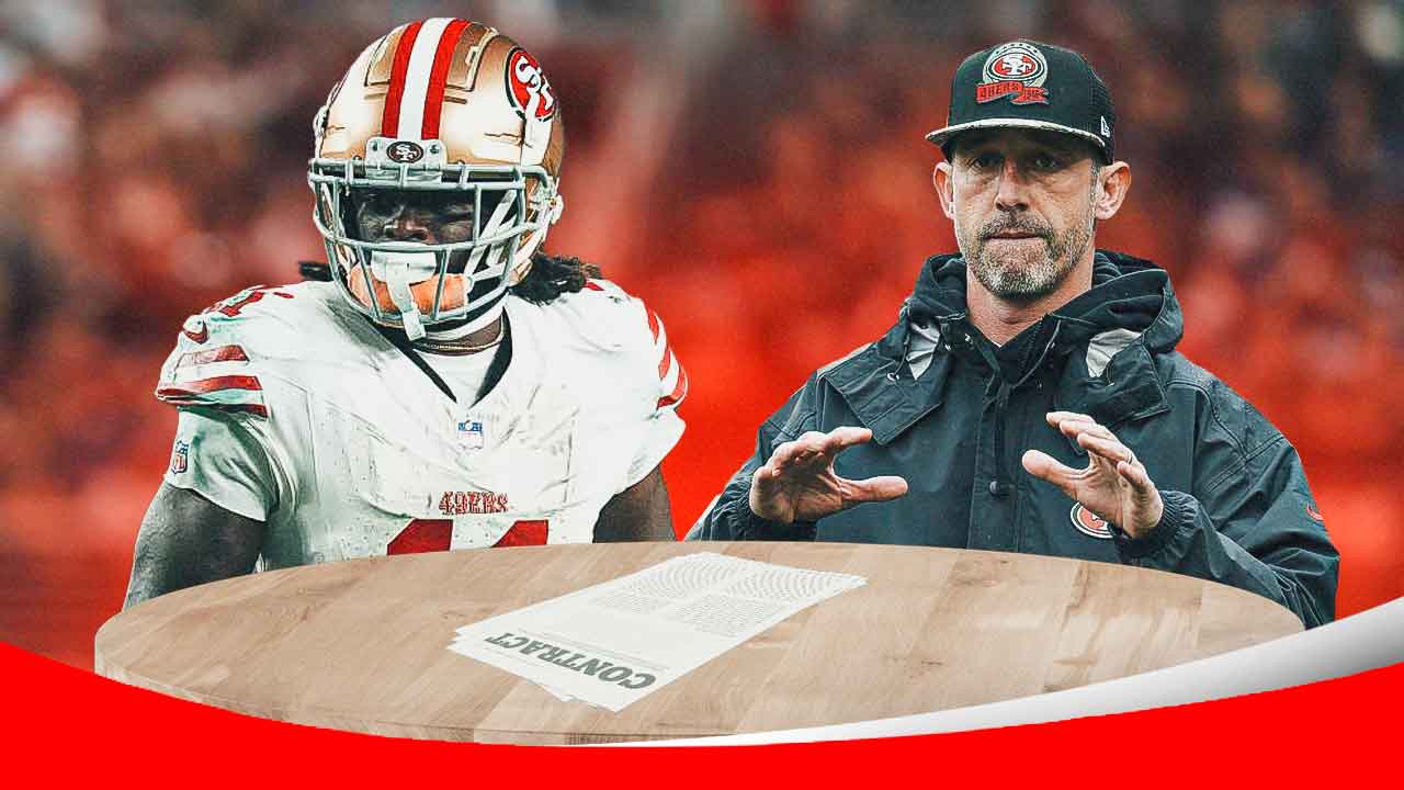 49ers Brandon Aiyuk, 49ers Kyle Shanahan both sitting across from each other at a table. On the table, place a piece of paper that reads: CONTRACT