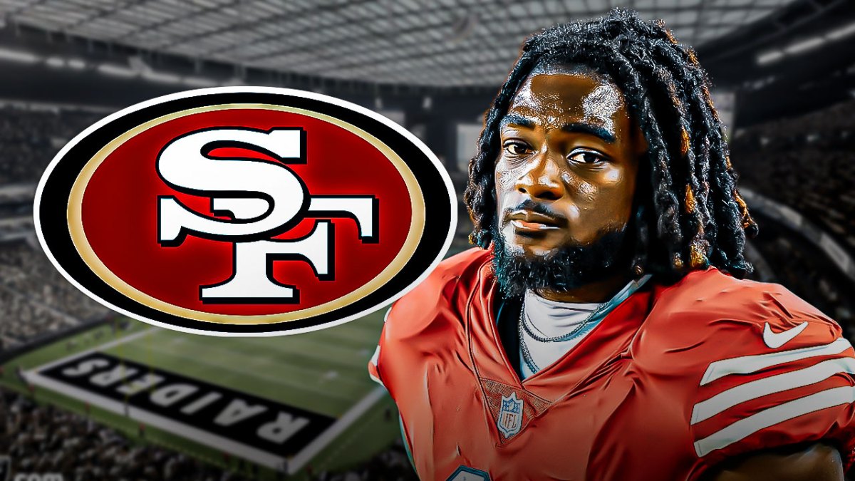 San Francisco 49ers logo on left side, San Francisco 49ers wide receiver Brandon Aiyuk on right side, Allegiant Stadium (home of the Las Vegas Raiders) in background