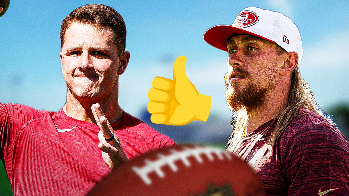 49ers Tight End George Kittle looking at 49ers Quarterback Brock Purdy with raising hands emojis and thumbs up emojis