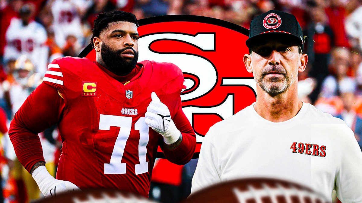 San Francisco 49ers offensive lineman Trent Williams and head coach Kyle Shanahan