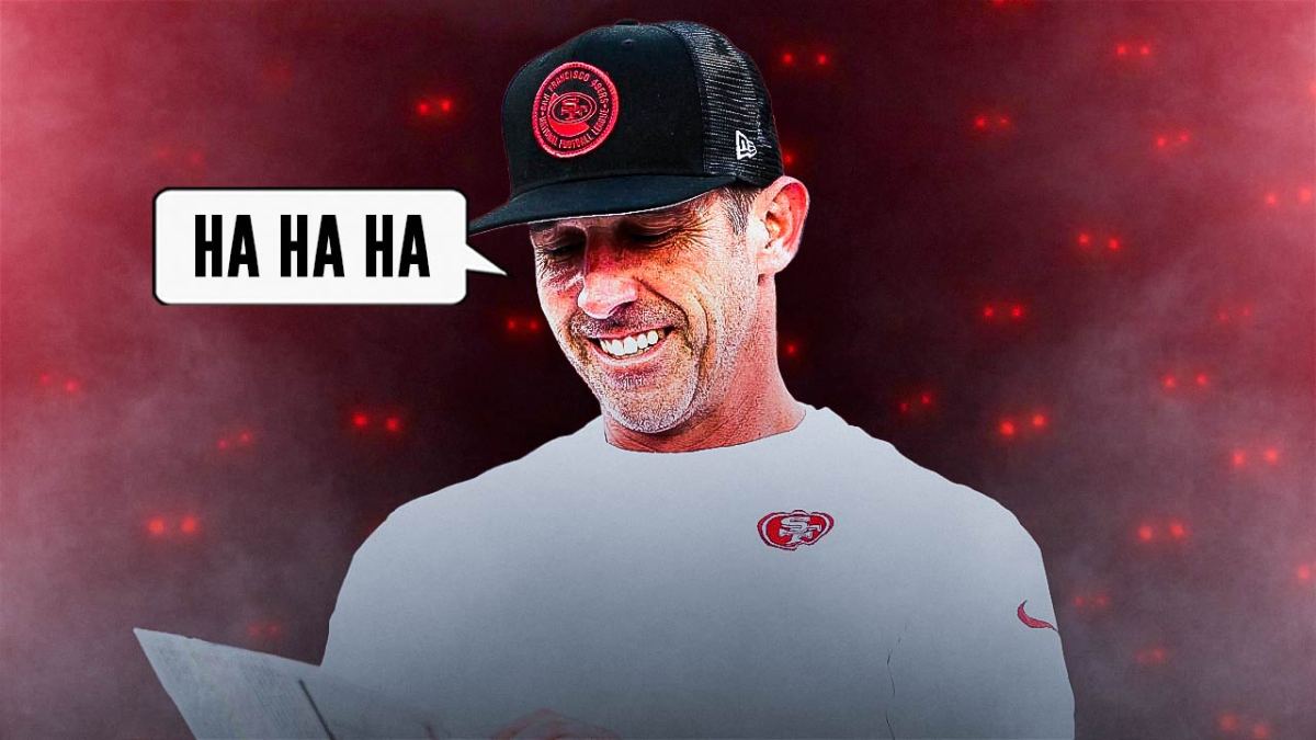 Kyle Shanahan laughing with a speech bubble saying "Ha Ha Ha" amid a crowd of glowing red eyes