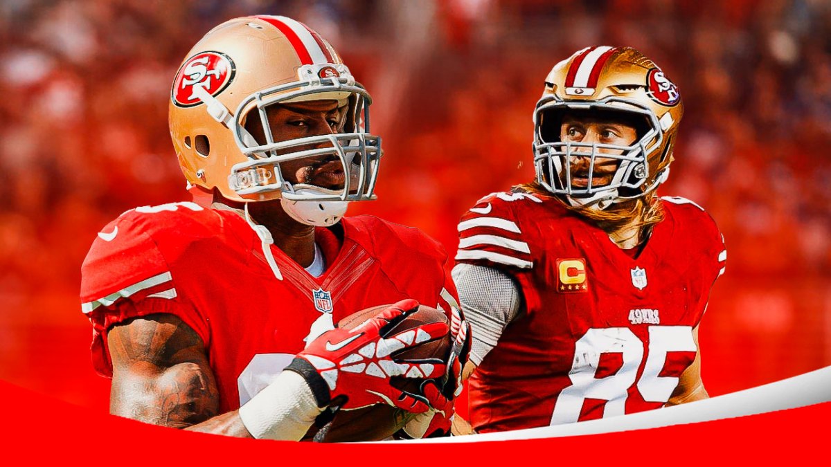 Vernon Davis beside George Kittle both wearing football uniforms.