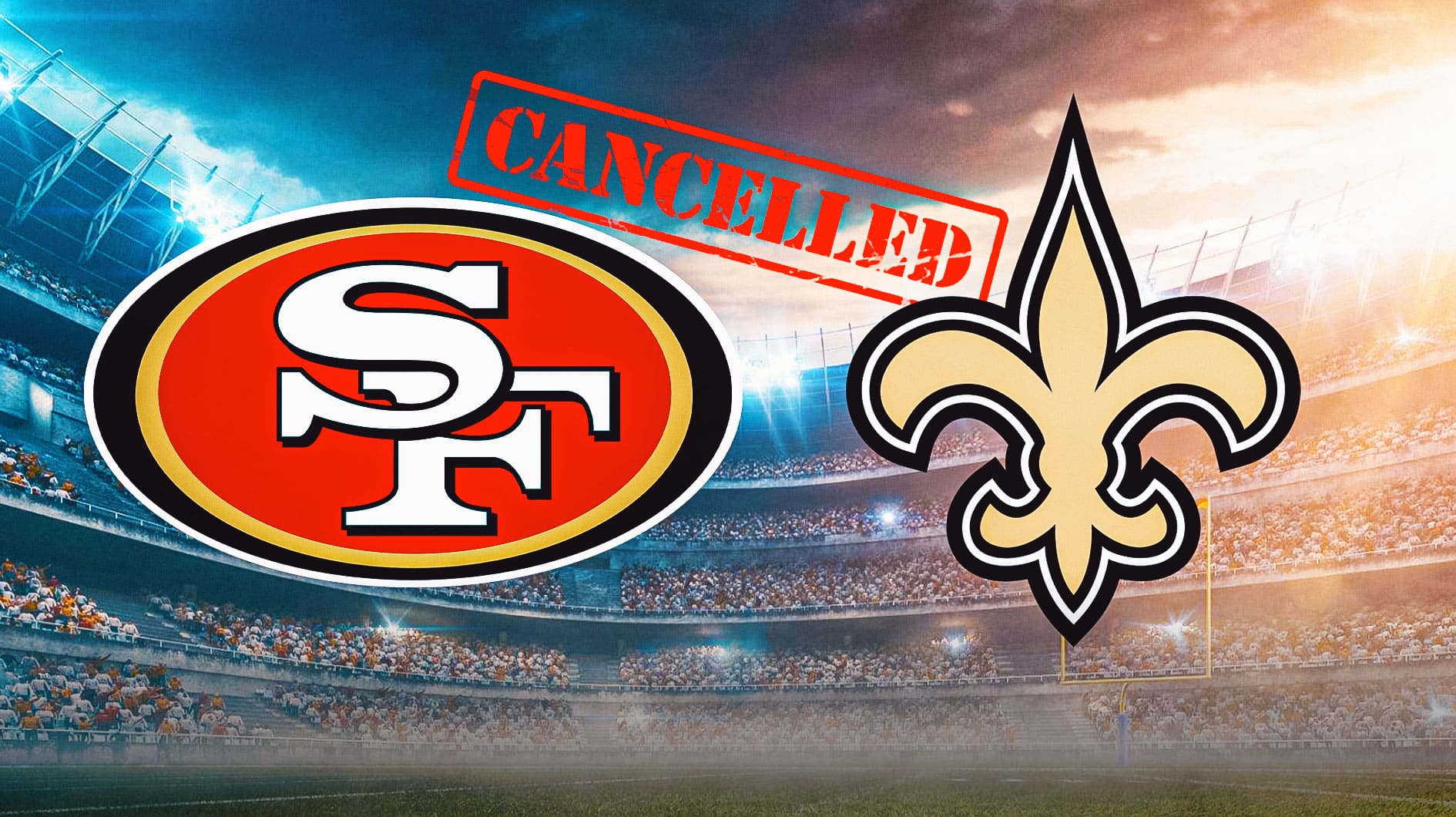 49ers logo and Saints logo with a big "CANCELED" in background.