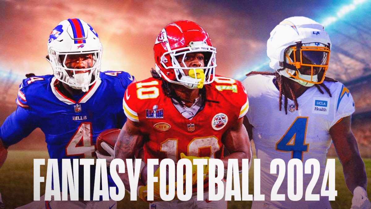 James Cook, Isiah Pacheco, and Gus Edwards with the words Fantasy Football 2024