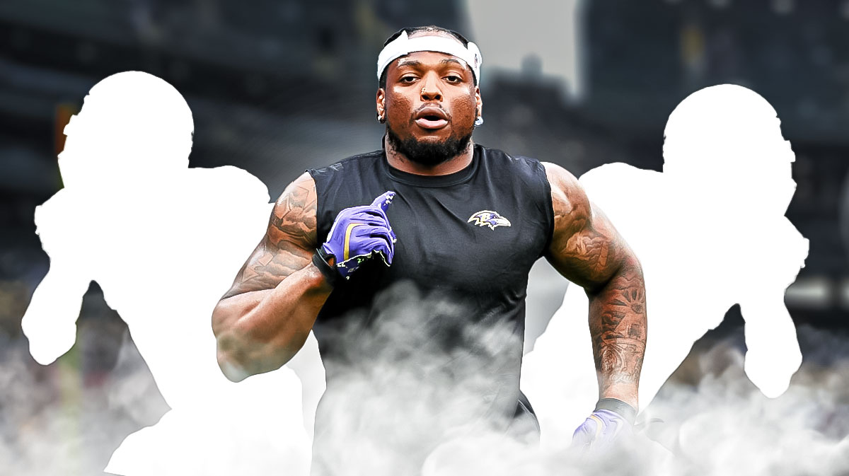 Derrick Henry in the middle, a silhouette of a running back on both sides of him. Fantasy football