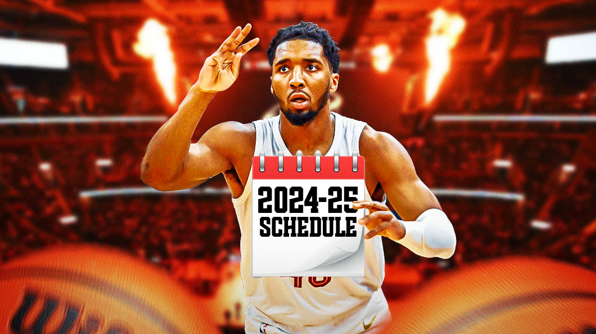 Donovan Mitchell holding a calendar with the label "2024-25 schedule" on it featuring a Cavs-themed BG.