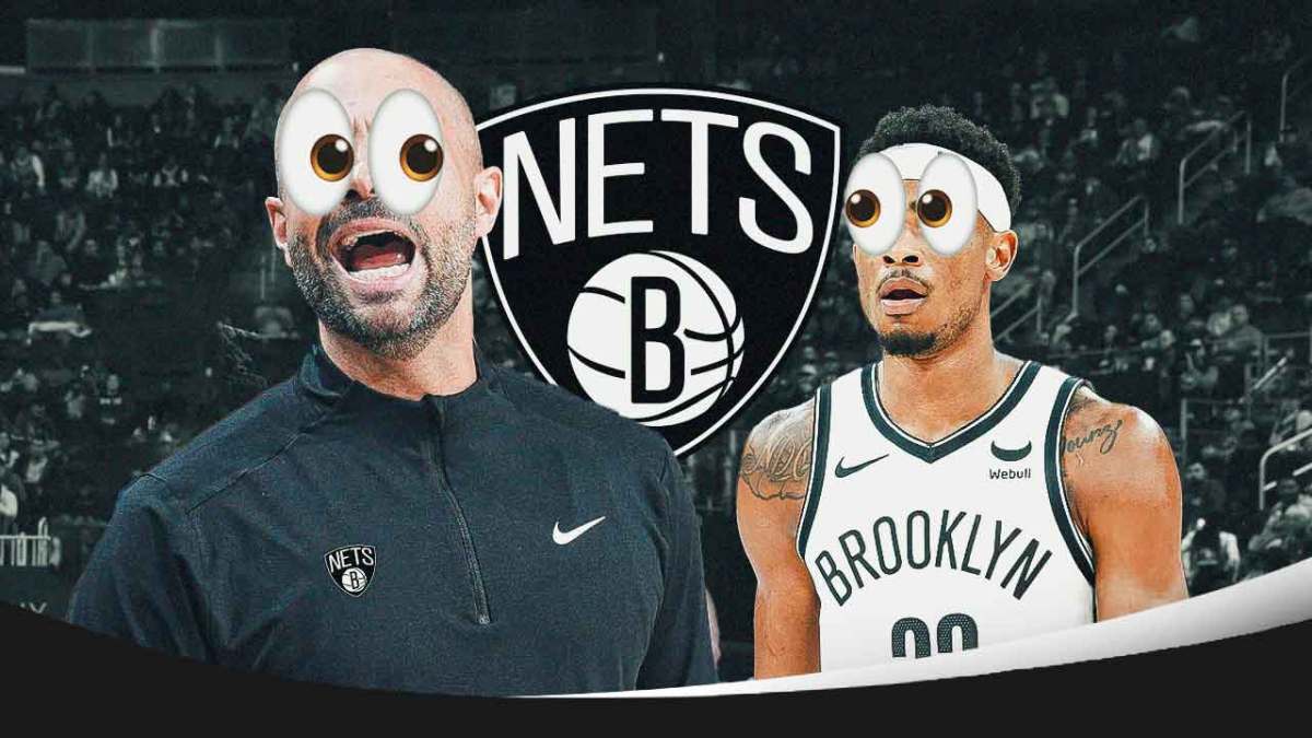 Nets Jordi Fernandez and Nic Claxton with emoji eyes next to a Nets logo