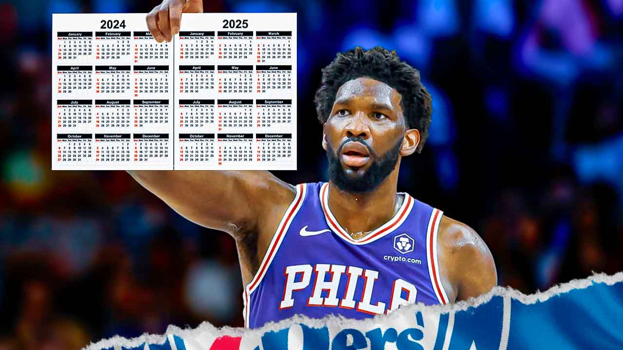 76ers' Joel Embiid holding up a calendar