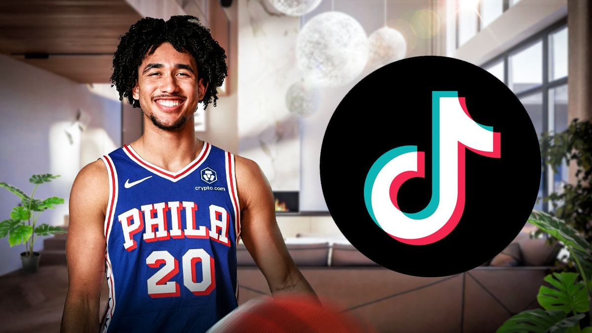 76ers guard Jared McCain with a TikTok logo next to him