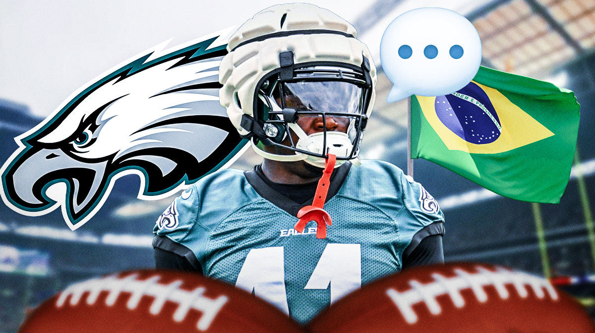Philadelphia Eagles wide receiver AJ Brown with a speech bubble with the three dots emoji inside. There is also a flag for Brazil and a logo for the Philadelphia Eagles.