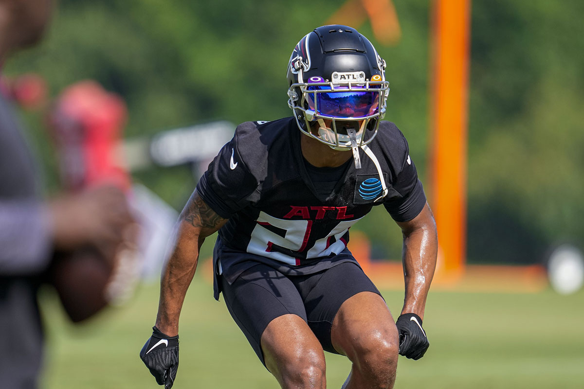 Atlanta Falcons cornerback A.J. Terrell (24) shown on the field during training camp at IBM Performance Field.