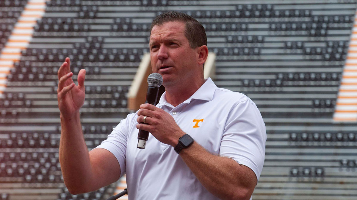 Tennessee athletic director Danny White speaks Pilot employees and family members attend the Pilot team celebration at Neyland Stadium preserved by Pilot