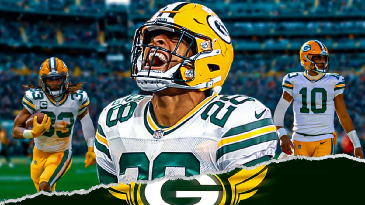 Aj Dillon wincing in pain wearing packers uniform. Other Packers in crutches and bandage if possible.