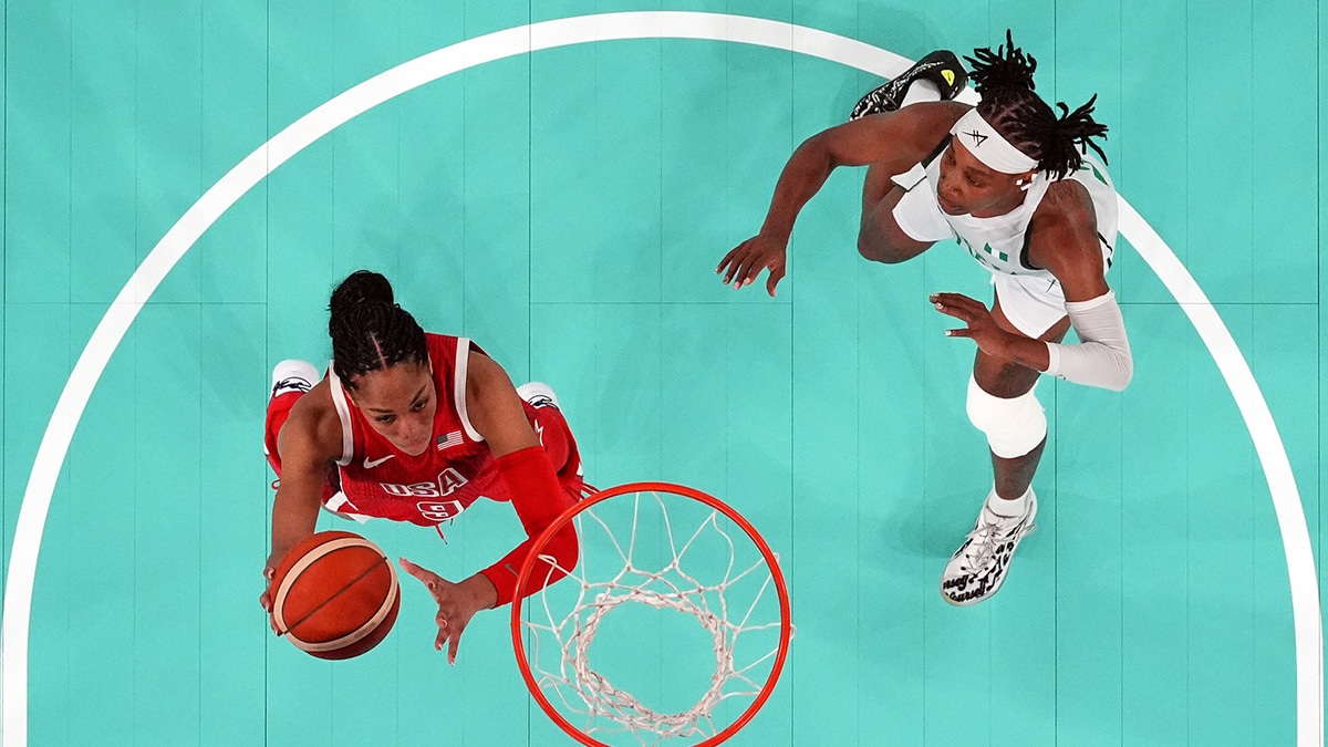 United States forward A'Ja Wilson (9) shoots the ball against Nigeria point guard Ezinne Kalu (23) in the women’s basketball quarterfinals during the Paris 2024 Olympic Summer Games at Accor Arena.