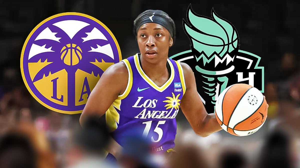 LA Sparks player Aari McDonald with the LA Sparks and New York Liberty logos in the background, injury