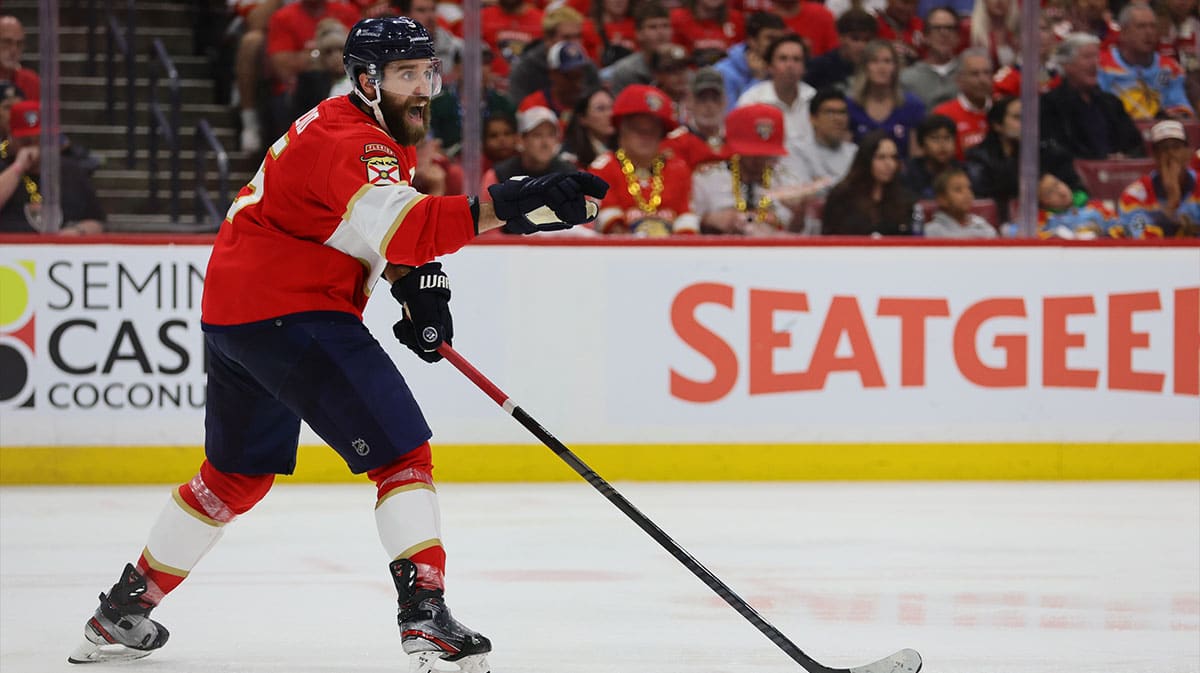 Florida Panthers defenseman Aaron Ekblad (5) reacts during the third period against the Edmonton Oilers in game five of the 2024 Stanley Cup Final at Amerant Bank Arena.