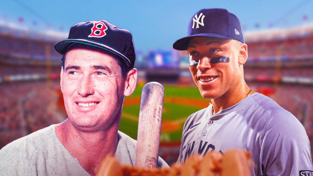 Yankees' Aaron Judge smiling, with 1957 Ted Williams beside him