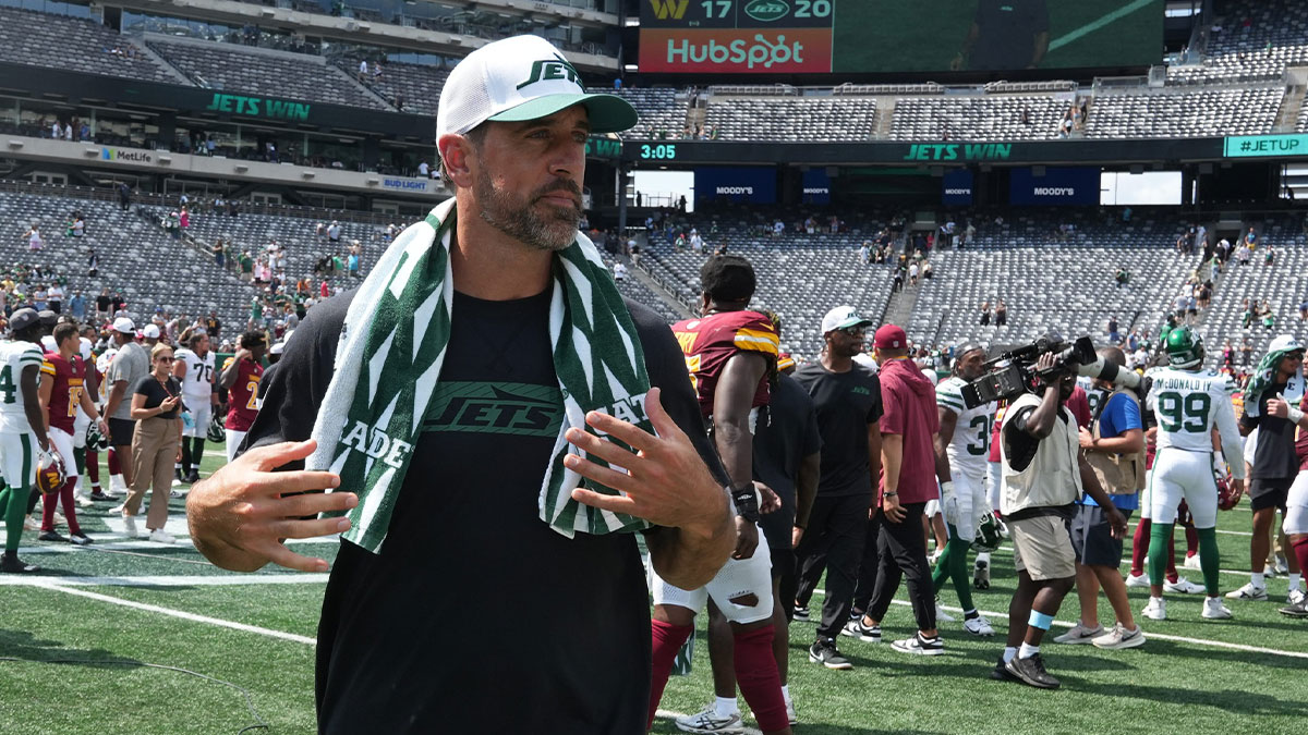 Aaron Rodgers at the end of the game as the Washington Commanders came to MetLife Stadium to play the New York Jets in the first preseason game of the 2024 season.