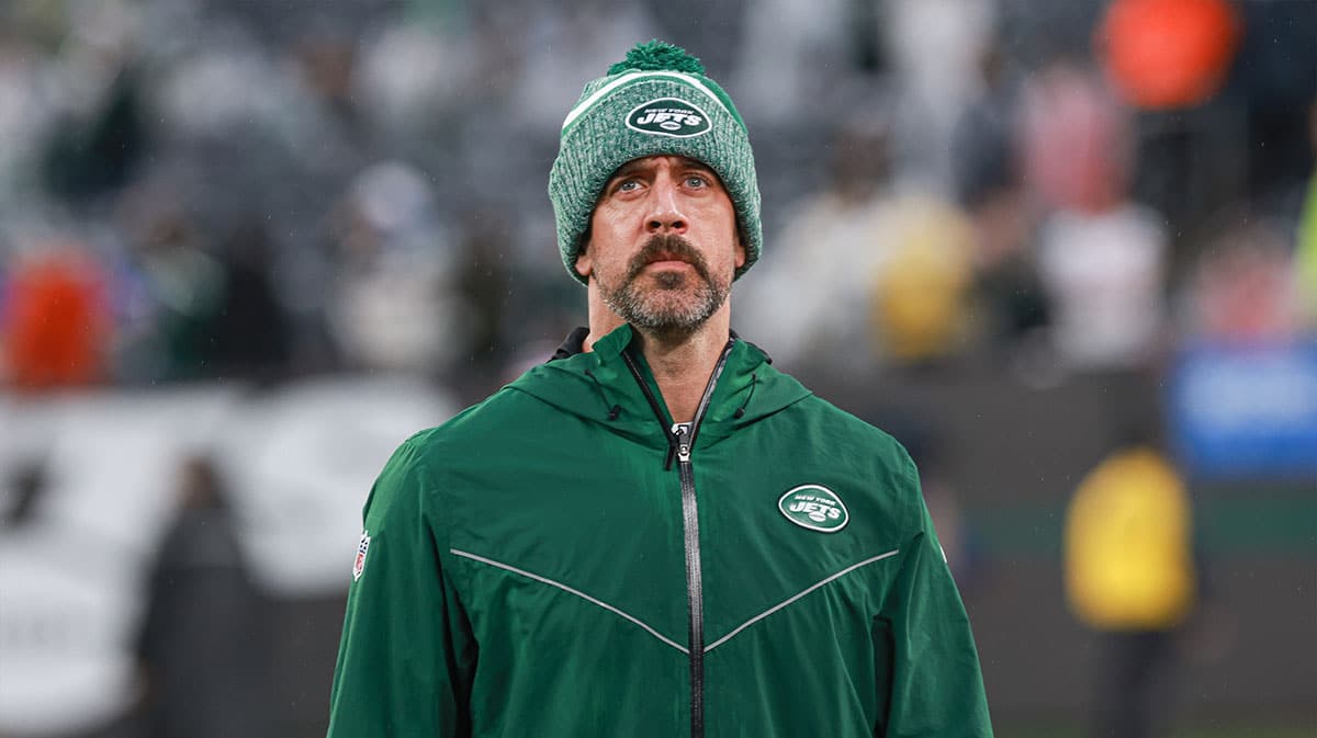 New York Jets quarterback Aaron Rodgers (8) on the field after the game against the Houston Texans at MetLife Stadium. 