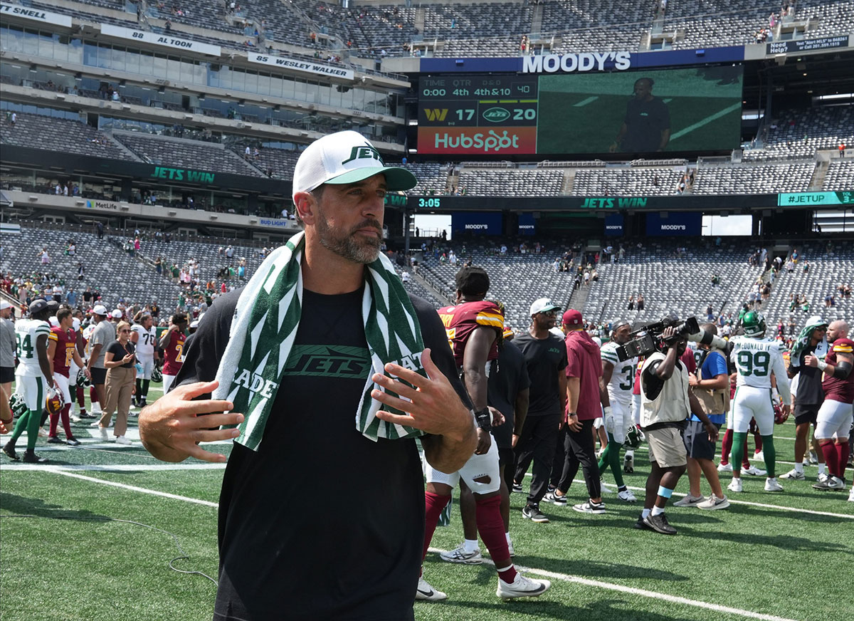 Aaron Rodgers at the end of the game as the Washington Commanders came to MetLife Stadium to play the New York Jets in the first preseason game of the 2024 season.