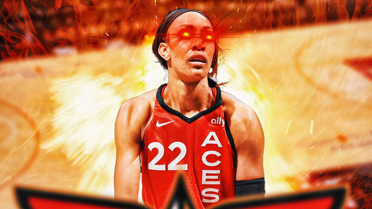 Las Vegas Aces player A'ja Wilson with flames around her and red laser eyes
