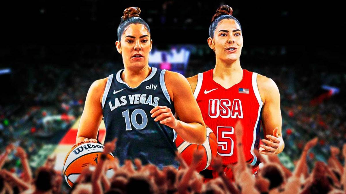 Two pictures of Kelsey Plum, one in an Aces jersey and the other in a Team USA jersey.