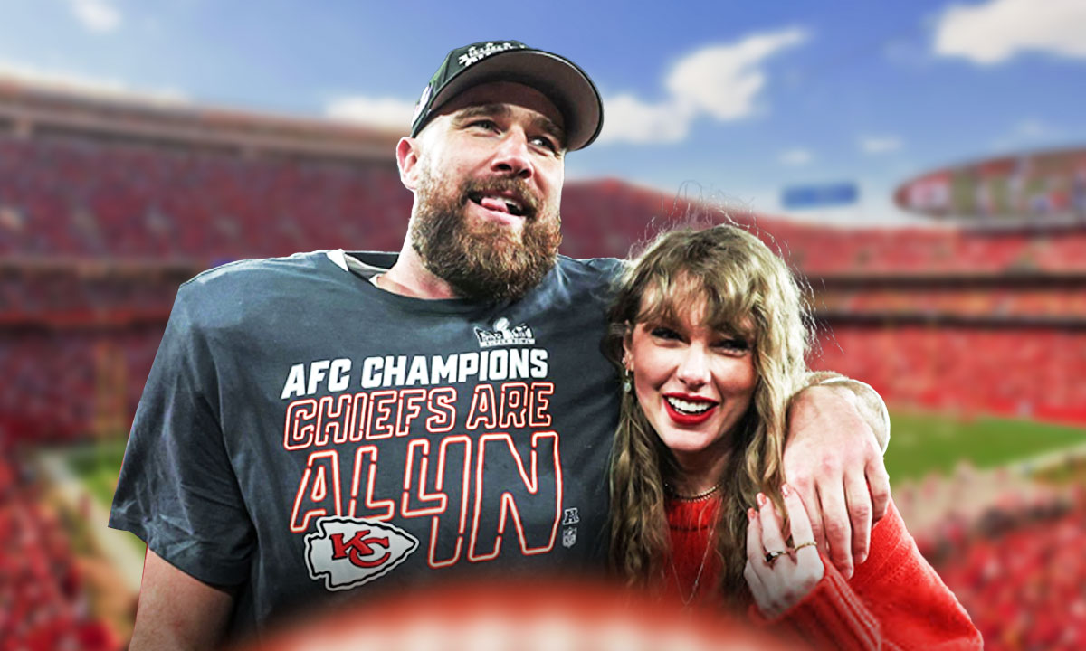 Chiefs' Travis Kelce next to Taylor Swift, Patrick Mahomes, Adam Schefter in background