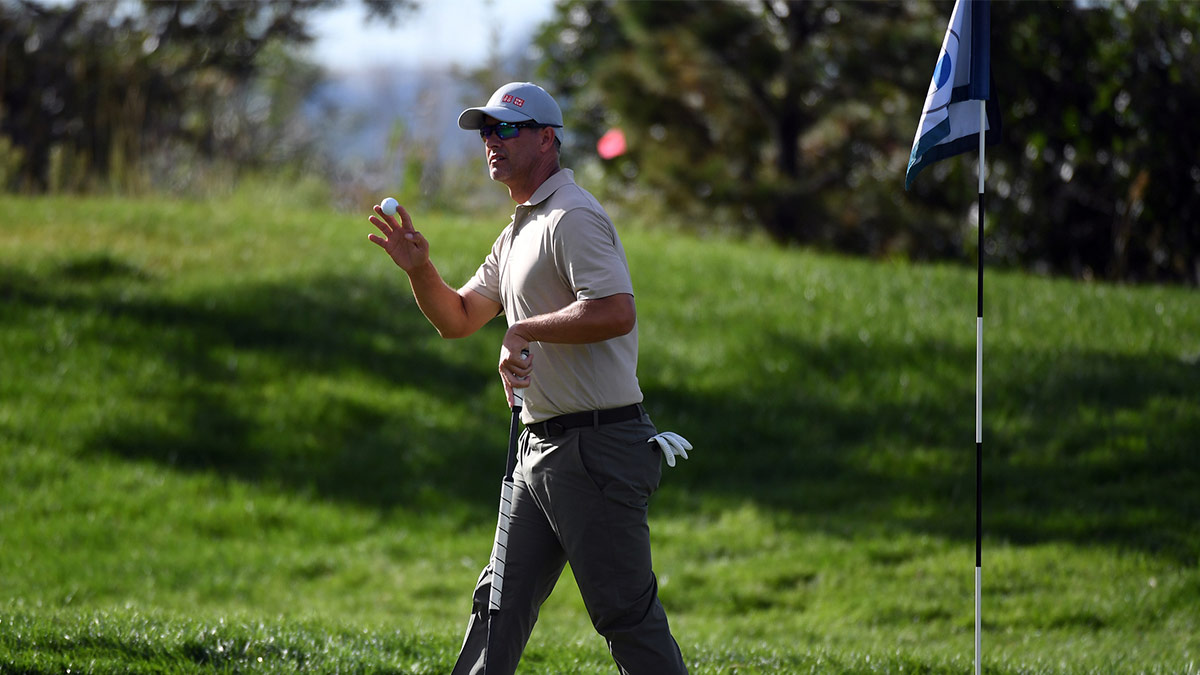 Aug 23, 2024; Castle Rock, Colorado, USA; Adam Scott after putting for birdie on the sixth hole during the second round of the BMW Championship golf tournament at Castle Pines Golf Club