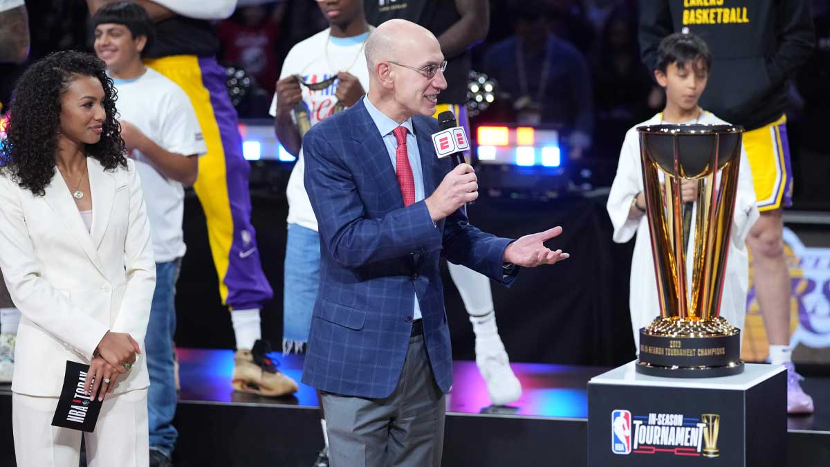 NBA commissioner Adam Silver presents the NBA Cup to the Los Angeles Lakers after winning the in season tournament championship final against the Indiana Pacers at T-Mobile Arena.