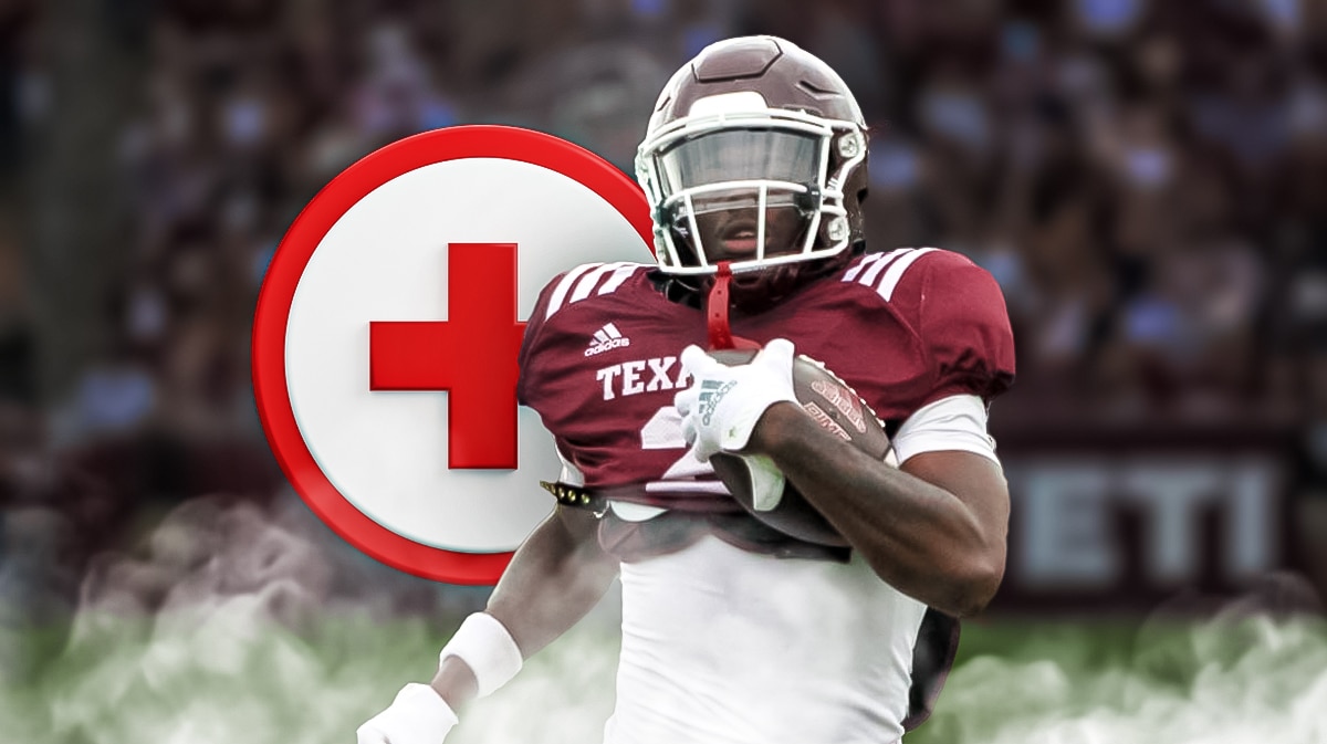 Texas A&M Football star Rueben Owens with an injury logo in front of Kyle Field.