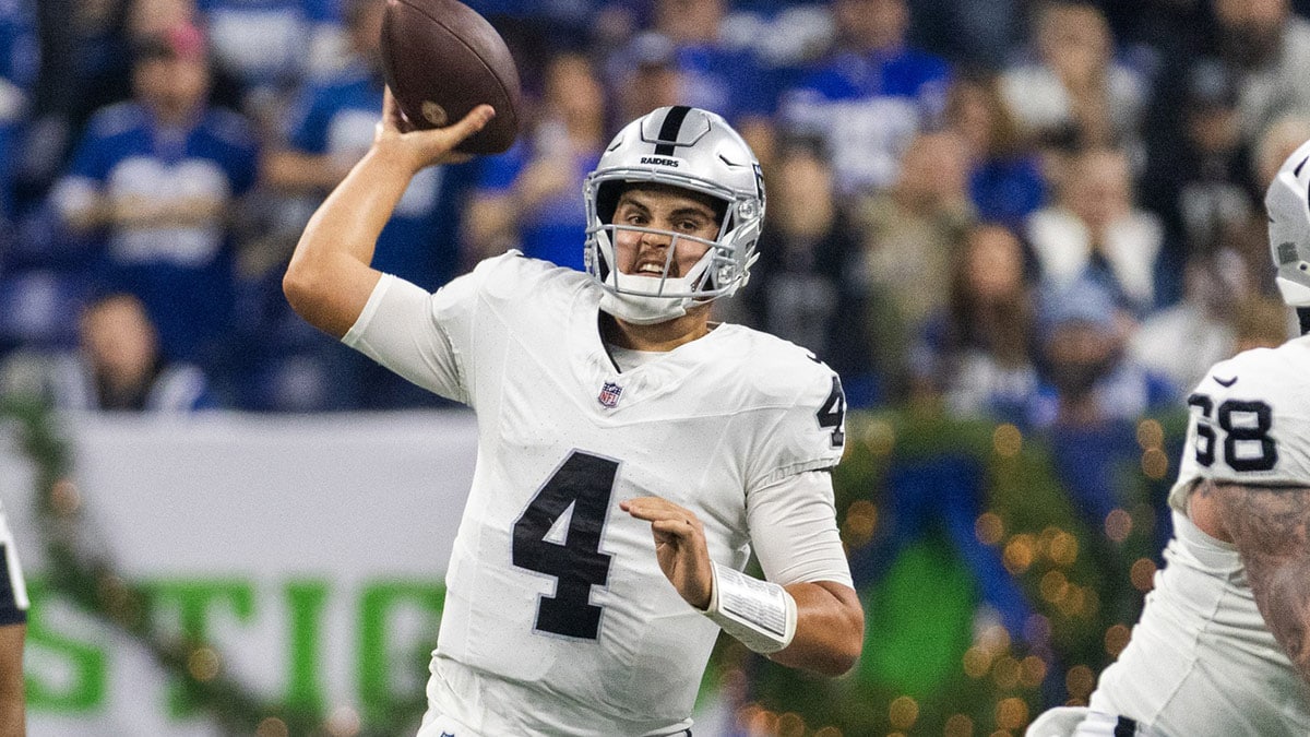 Las Vegas Raiders quarterback Aidan O'Connell (4) passes the ball in the first half against the Indianapolis Colts at Lucas Oil Stadium.