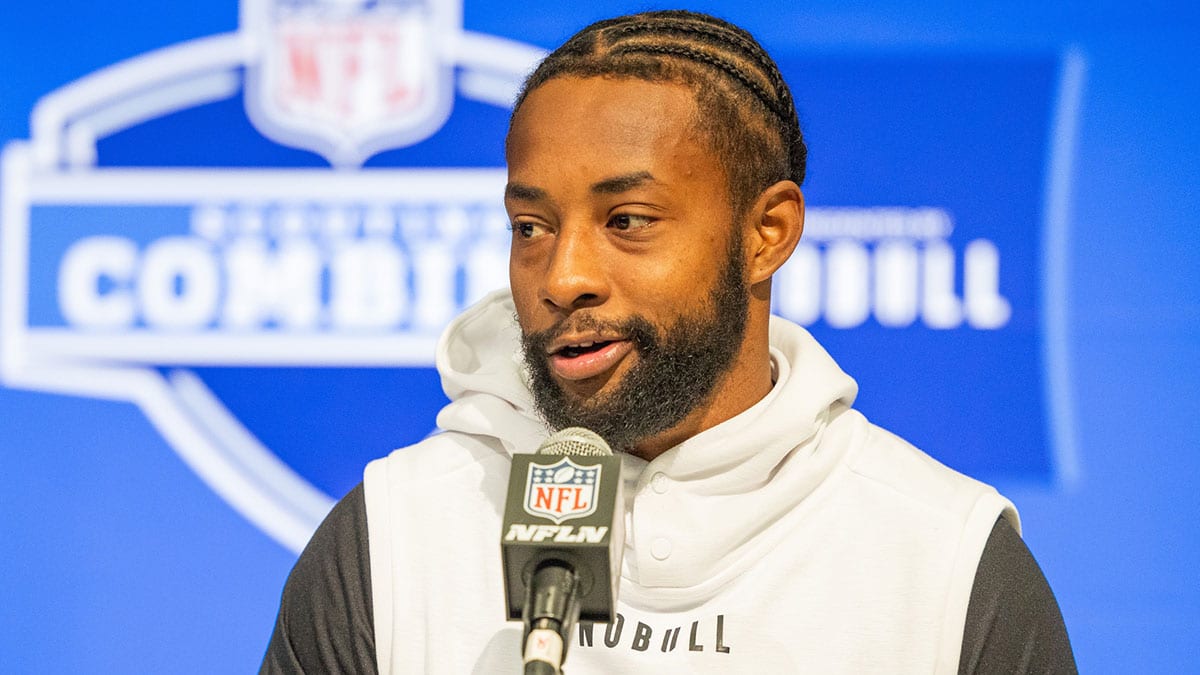 Texas A&M wide receiver Ainias Smith (WO28) talks to the media during the 2024 NFL Combine at Lucas Oil Stadium.
