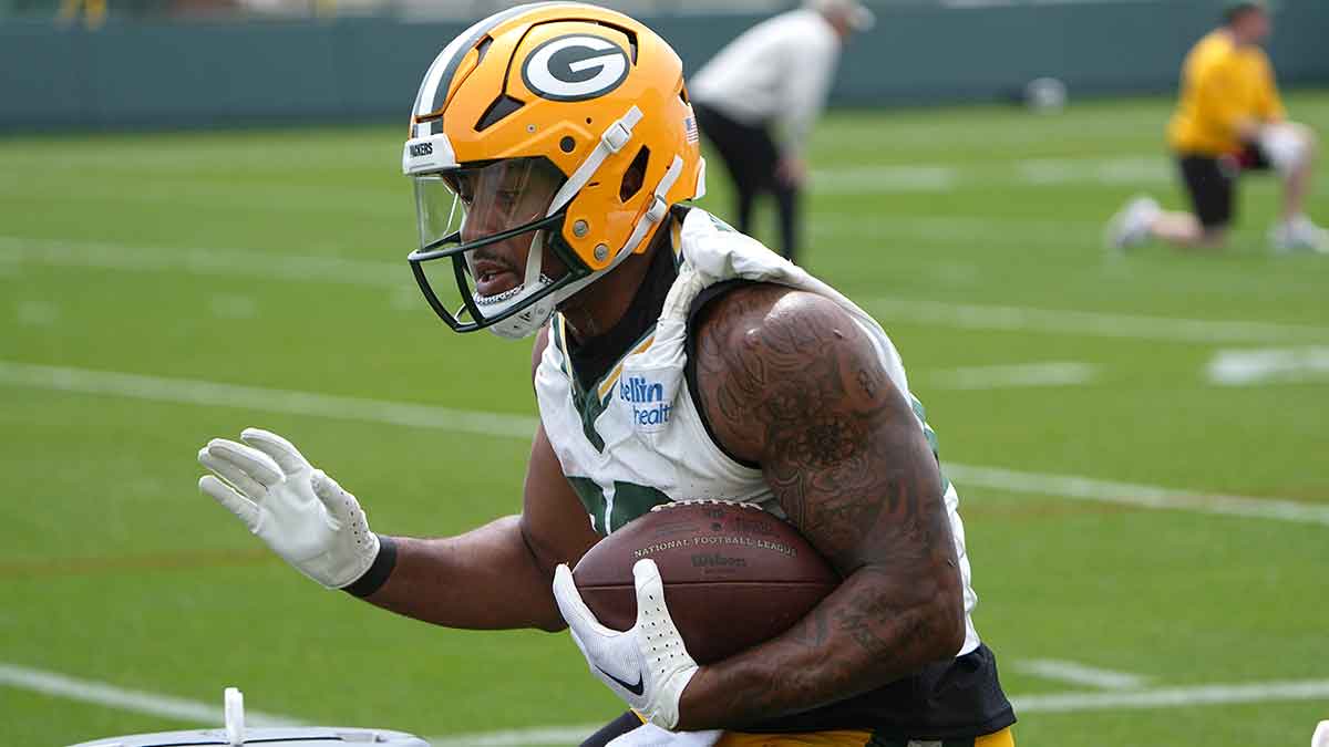 Green Bay Packers running back AJ Dillon (28) is pictured during the team's minicamp on Tuesday, June 11, 2024 in Green Bay, Wisconsin.