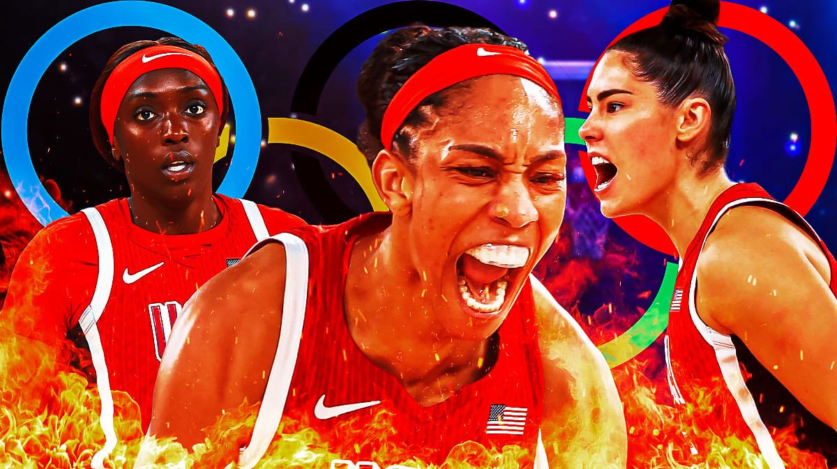 Team USA women's basketball player A'ja Wilson in the center, with the Olympic rings behind her and flames, with Team USA women's basketball players Kahleah Copper and Kelsey Plum behind Wilson