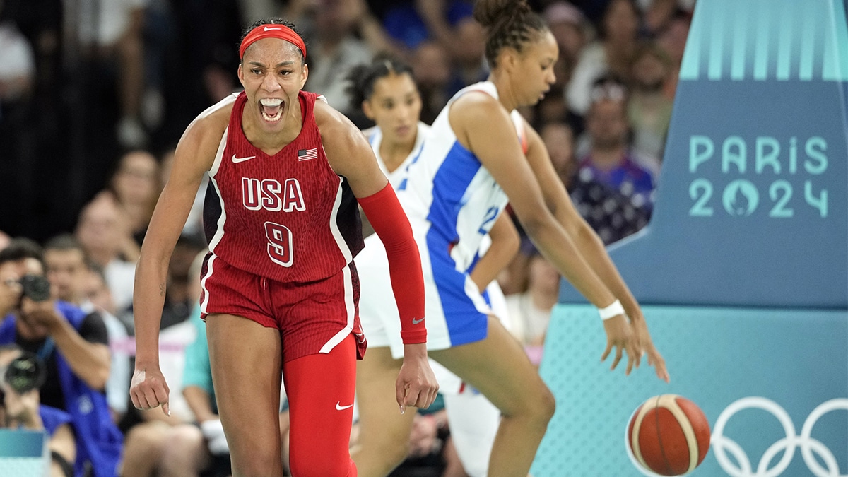 United States forward A'Ja Wilson (9) reacts in the second half against France in the women's gold medal game during the Paris 2024 Olympic Summer Games.