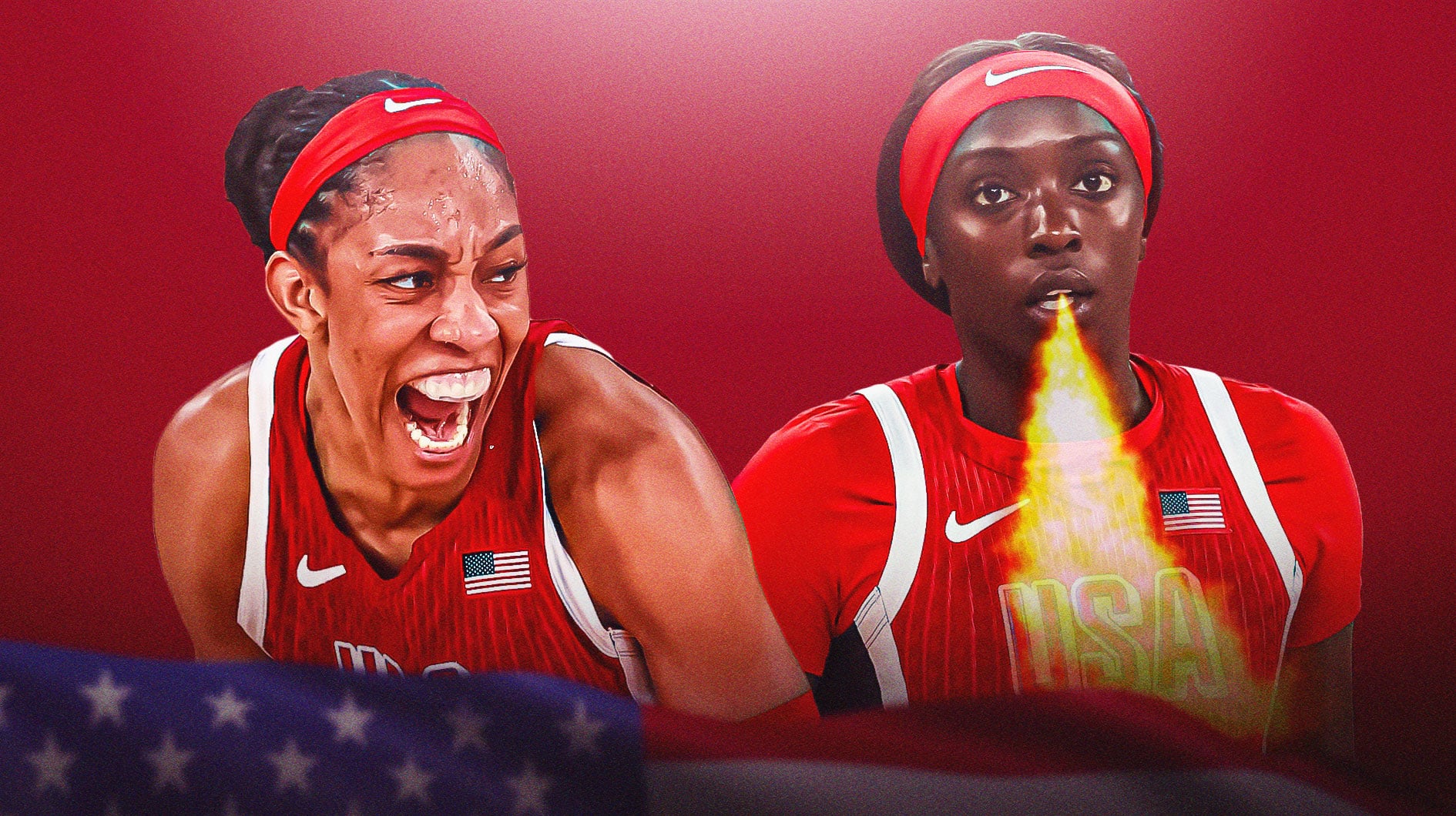 A'ja Wilson in a Team USA basketball uniform. Kahleah Copper in a Team USA uniform breathing fire