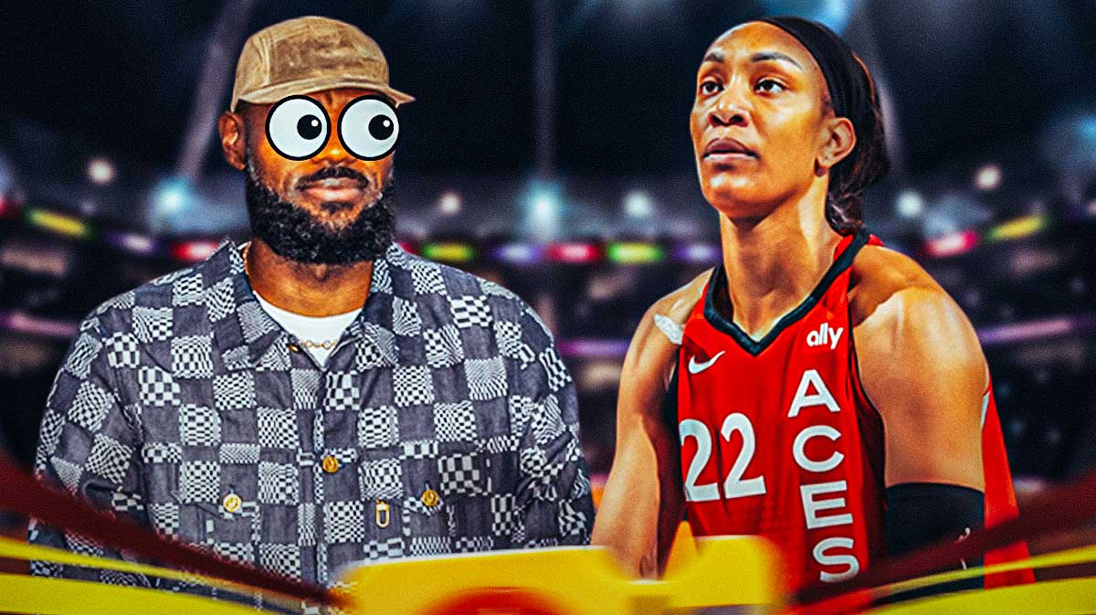 LeBron James in street clothes with heart eyes looking at A'ja Wilson in an Aces uniform.