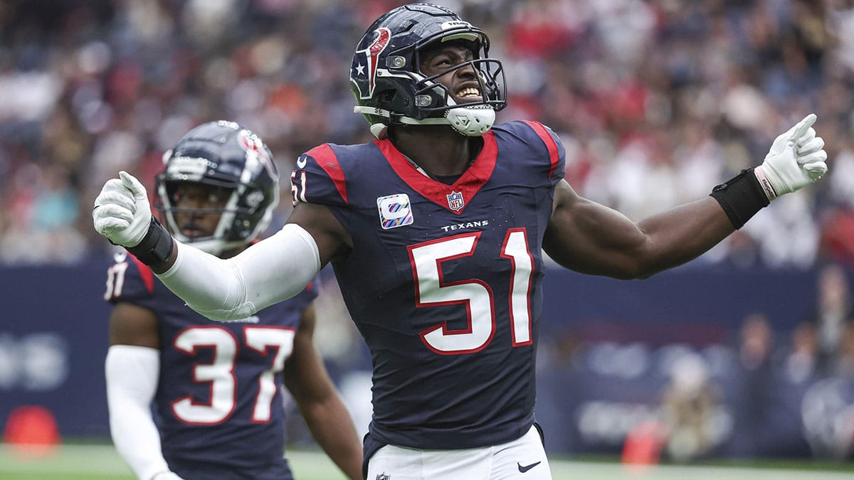 Houston Texans defensive end Will Anderson Jr. (51) reacts after a play during the third quarter against the New Orleans Saints at NRG Stadium. 