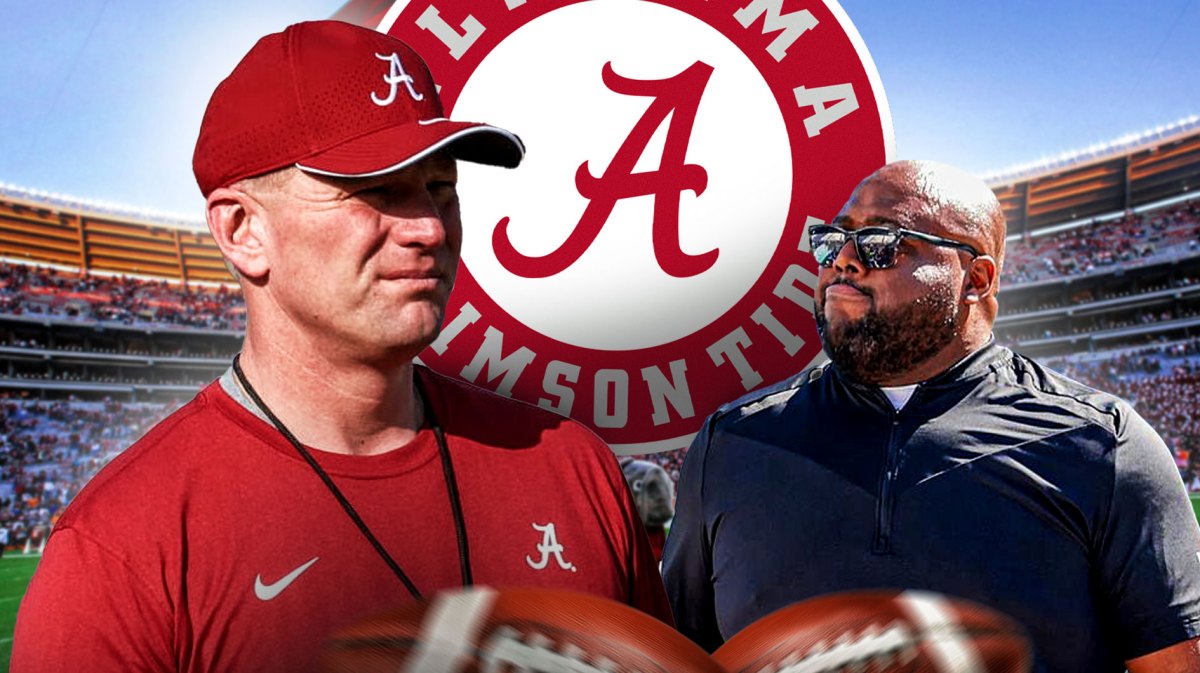 Alabama Crimson Tide logo in center, Alabama football GM Courtney Morgan on right side, Alabama football HC Kalen DeBoer on left side, Bryant-Denny Stadium (home stadium for Alabama football) in background