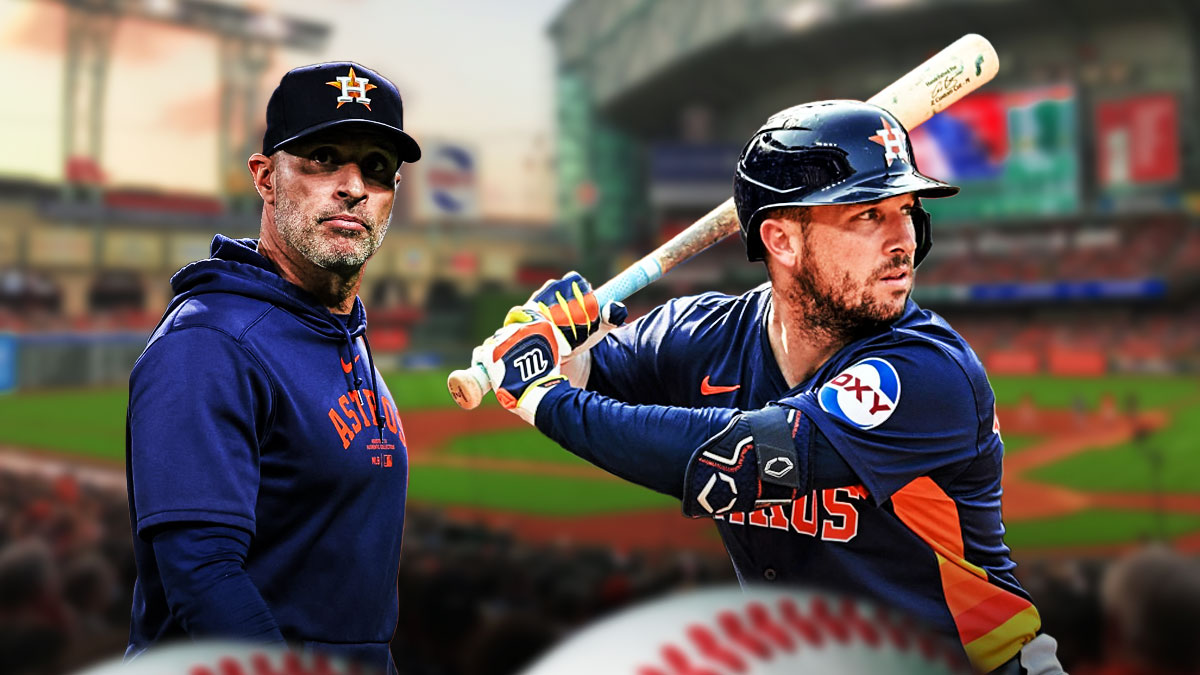Astros Joe Espada on left looking serious. Astros Alex Bregman on right swinging a baseball bat. Minute Maid Park background.