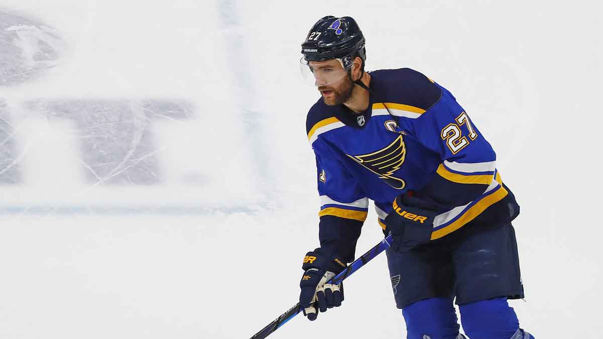 St. Louis Blues defensemen Alex Pietrangelo (27) skates during warmup against the Vegas Golden Knights during the Western Conference qualifications at Rogers Place.