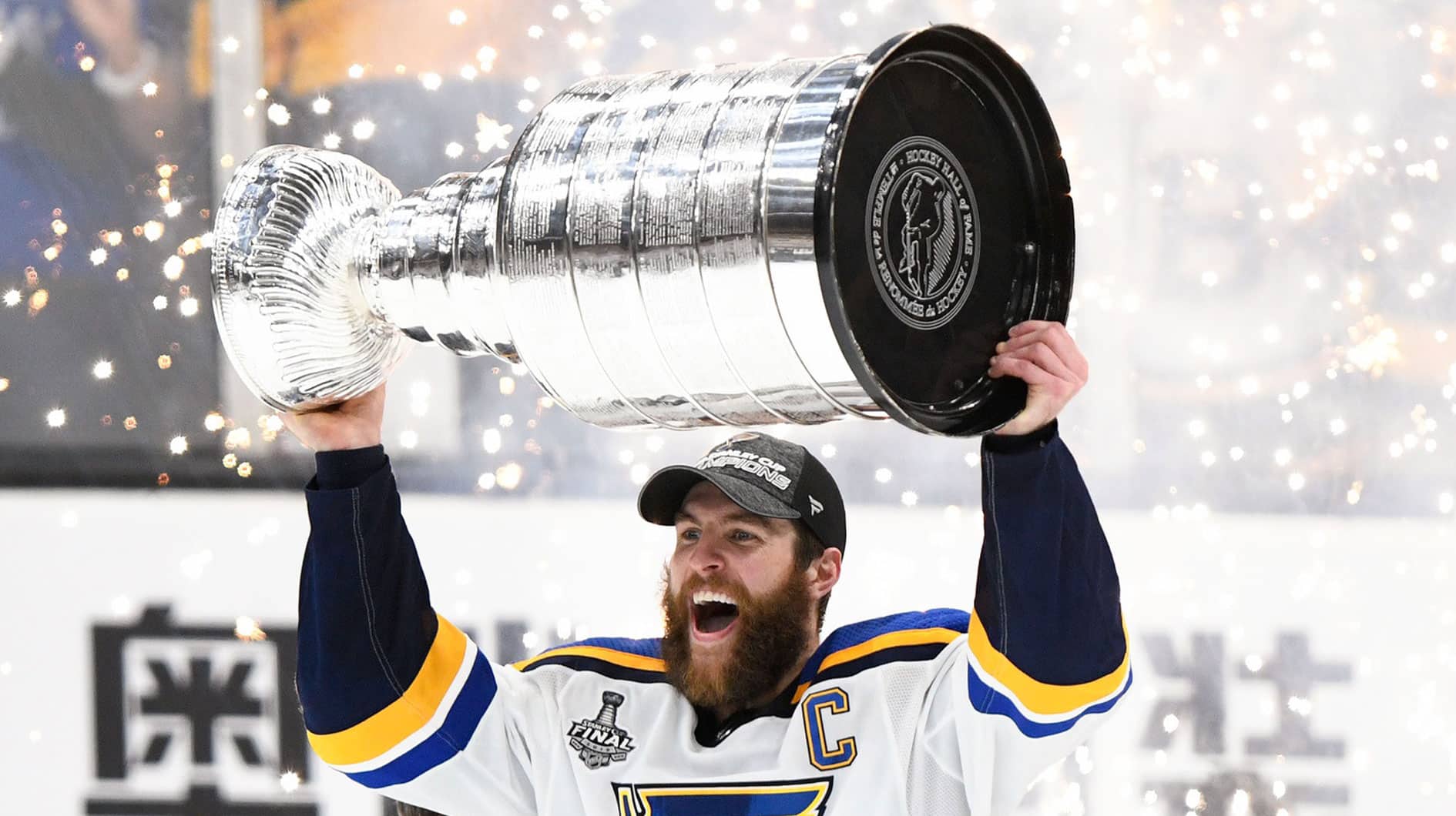 St. Louis Blues defenseman Alex Pietrangelo (27) holds the Stanley Cup after the Blues defeated the Boston Bruins in game seven of the 2019 Stanley Cup Final at TD Garden