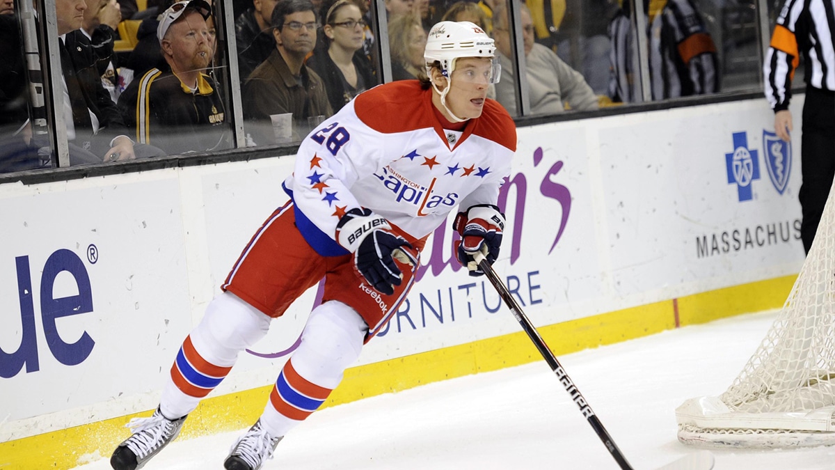 Washington Capitals left wing Alexander Semin (28) skates with the puck during the first period against the Boston Bruins at TD Garden.