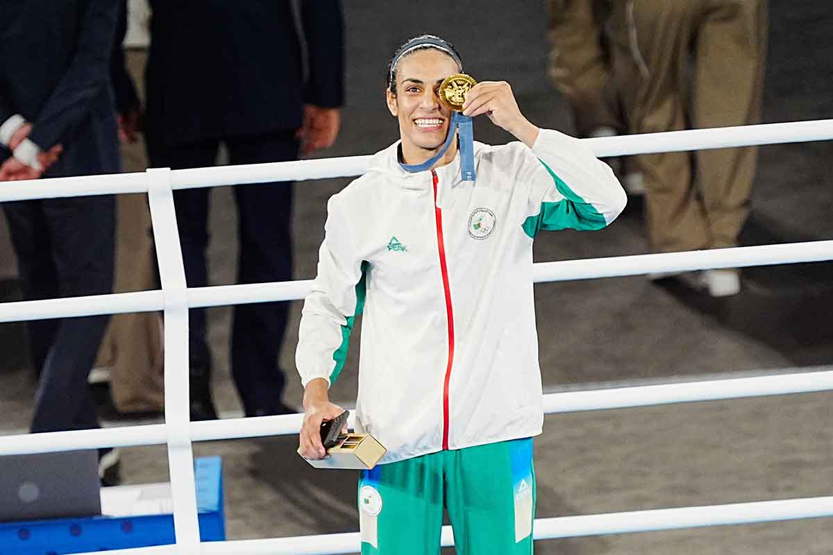 mane Khelif (ALG) poses with her gold medal in a women’s 66kg victory ceremony during the Paris 2024 Olympic Summer Games at Stade Roland Garros.